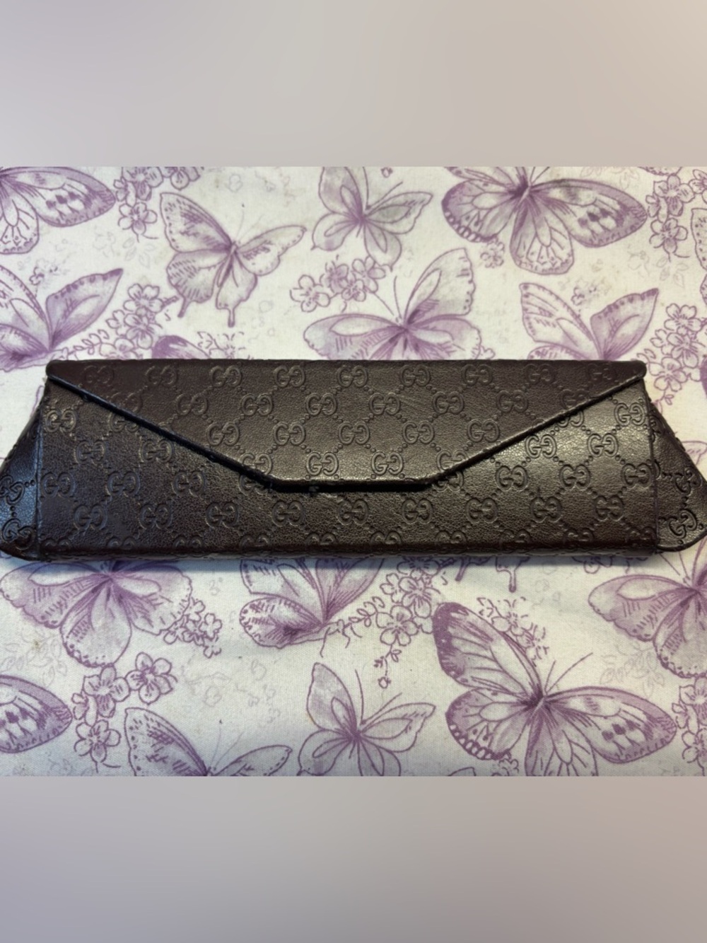 🌀🪽Vintage Gucci Brown Embossed Leather Folding Triangle Eyeglass Case